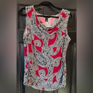 White House Black Market Red and Black Paisley Cowl Neck Blouse